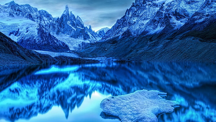 ледник, отражение, пейзаж, горы, лед, снежно, мороз, облака, голубоватый, HD обои