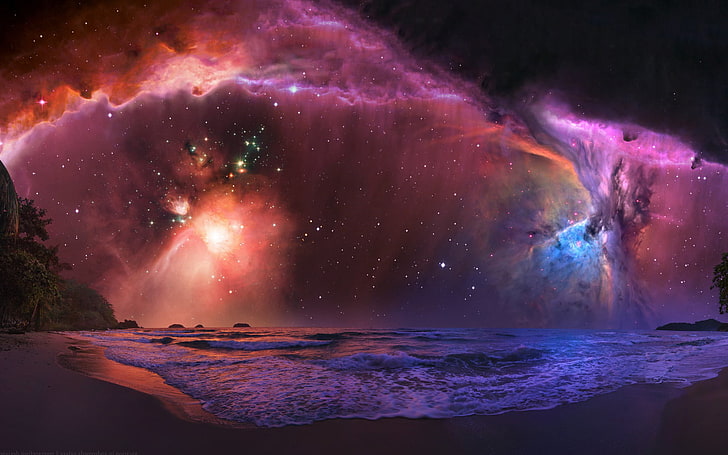 Nebulosa de praia colorida, papel de parede da nebulosa, 3D, espaço, nebulosa, HD papel de parede