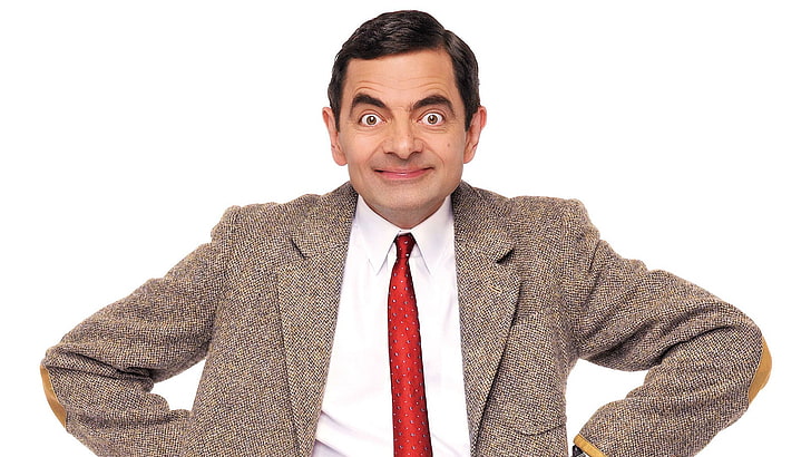 film, Mr. Bean, Rowan Atkinson, pria, aktor, tersenyum, jas, dasi, latar belakang putih, Wallpaper HD