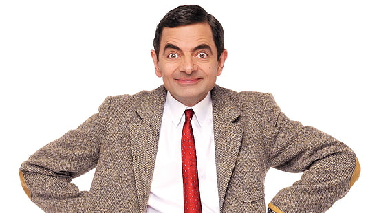 filmer, Mr. Bean, Rowan Atkinson, män, skådespelare, leende, kostymer, slips, vit bakgrund, HD tapet HD wallpaper