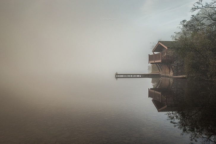 natureza, paisagem, lago, névoa, casas de barcos, árvores, Inglaterra, água, reflexão, manhã, calma, HD papel de parede