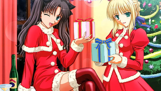 애니메이션, 애니메이션 소녀들, 세이버, Tohsaka Rin, 운명 시리즈, 크리스마스, HD 배경 화면 HD wallpaper
