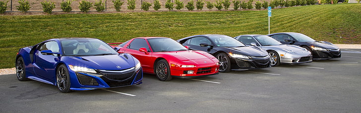 Fünf Coupés in verschiedenen Farben, Acura NSX, Auto, Fahrzeug, Parkplatz, zwei Monitore, mehrere Displays, HD-Hintergrundbild