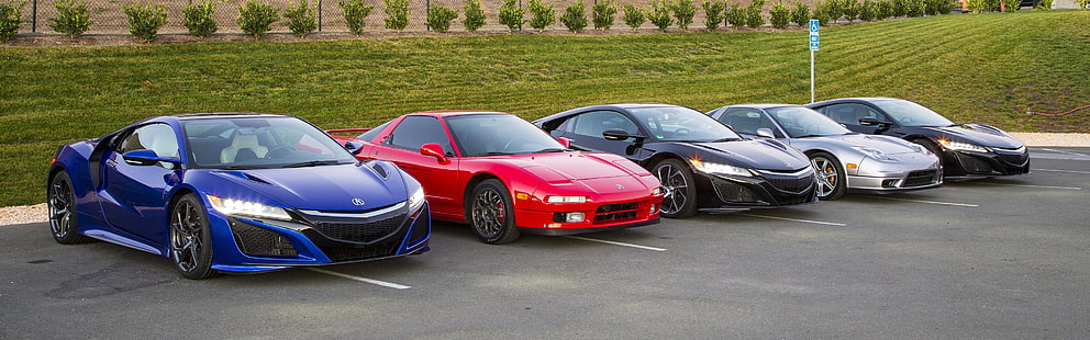 five assorted-color coupes, Acura NSX, car, vehicle, parking lot, dual monitors, multiple display, HD wallpaper HD wallpaper