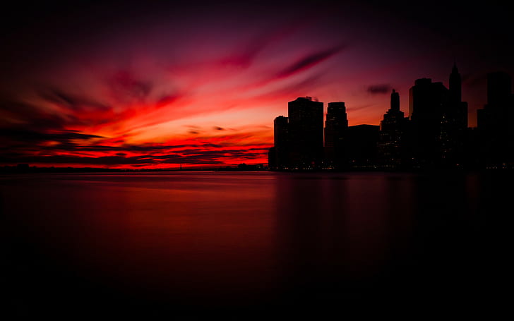 niebo, Manhattan, zachód słońca, fotografia, woda, morze, urban, miasto, budynek, Nowy Jork, pejzaż miejski, Tapety HD