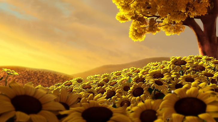 żółte pole słoneczników, grafika, sztuka cyfrowa, słoneczniki, Tapety HD