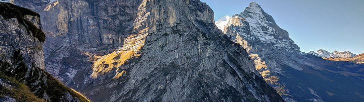 textil de camuflaje de árbol negro y marrón, paisaje, Alpes, Suiza, montañas, cielo, nieve, pantalla múltiple, monitores duales, Fondo de pantalla HD