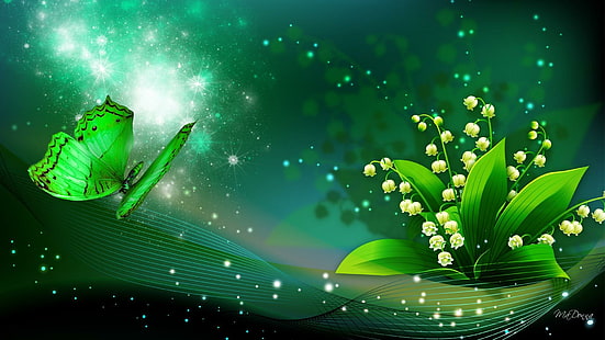 Lily Of The Valley Shine, stars, lily of the valley, shine, butterfly, green, sparkle, flowers, glow spots, 3d and abstract, HD wallpaper HD wallpaper