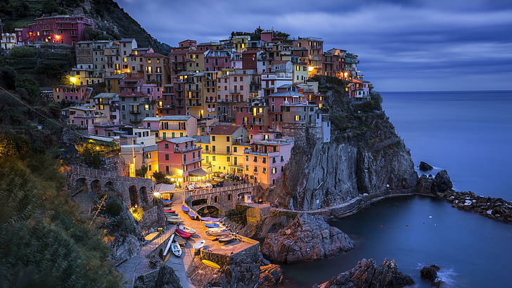 село, крайбрежие, Cinque Terre, Европа, Италия, La Spezia, Лигурия, скала, море, пейзаж, Манарола, туризъм, градски пейзаж, терен, нощ, туристическа атракция, вечер, град, небе, HD тапет