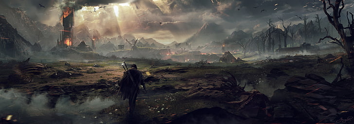 man walking towards place covered in fire digital wallpaper, Middle-earth: Shadow of Mordor, eagle, video games, fire, skeleton, sword, concept art, The Lord of the Rings, drawing, dystopian, fantasy art, digital art, artwork, mountains, clouds, sky, dead trees, warrior, trees, forest, sun rays, birds, alone, mist, Video Game Art, HD wallpaper