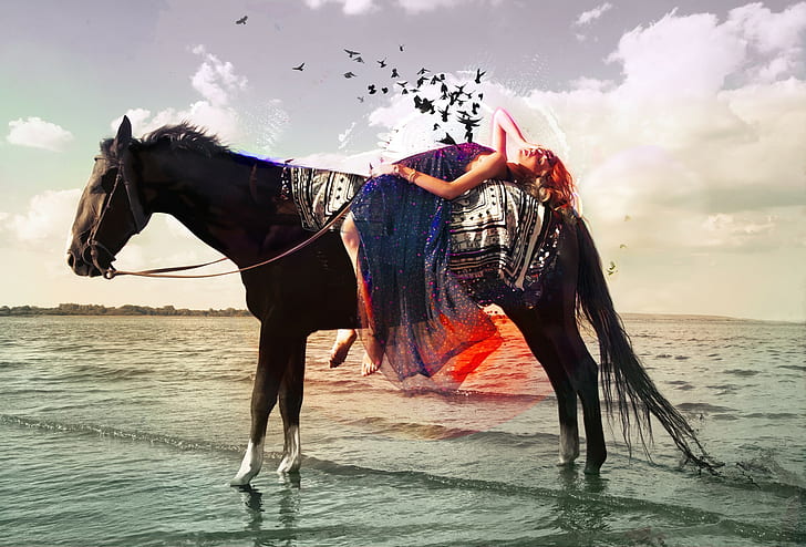 Digital Art, Horse, Model, Women, Birds, Beach, Sea, digital art, horse, model, women, birds, beach, sea, 2000x1356, HD wallpaper