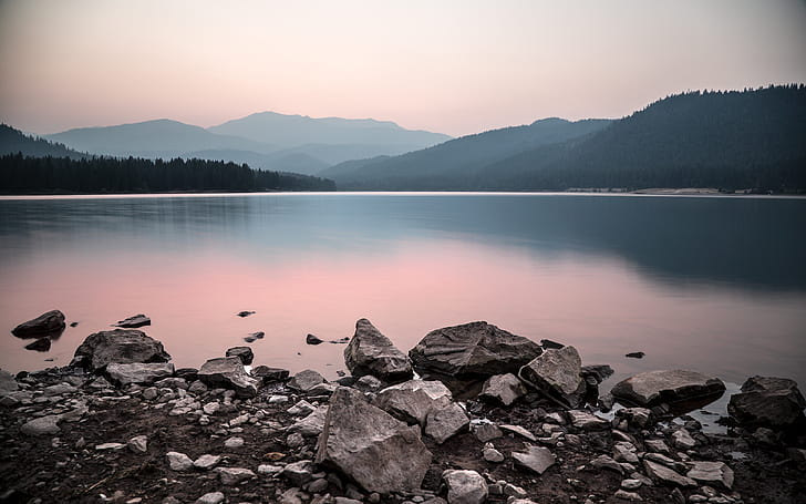 Sunset At Lake Siskiyou, blue‑grey, california, lakesiskiyou, lakes, mountains, nature, photography, plum, rocks, sky, sunset, water, HD wallpaper
