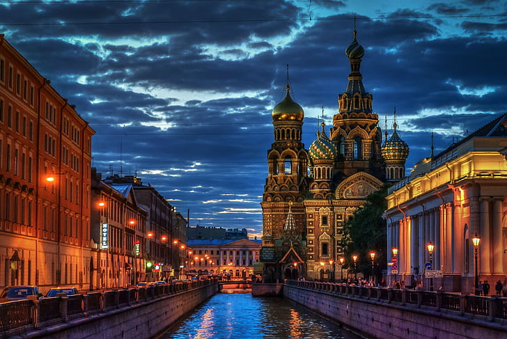 Iglesia del Salvador, San Petersburgo, Rusia, la catedral de San Basilio, Iglesia del Salvador, San Petersburgo, Rusia, arquitectura, luces, Noche, Fondo de pantalla HD