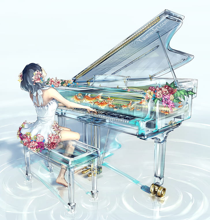 piano, anime, pescado, Yuumei, Fondo de pantalla HD, fondo de pantalla de teléfono