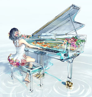 piano, anime, fisk, Yuumei, HD tapet HD wallpaper