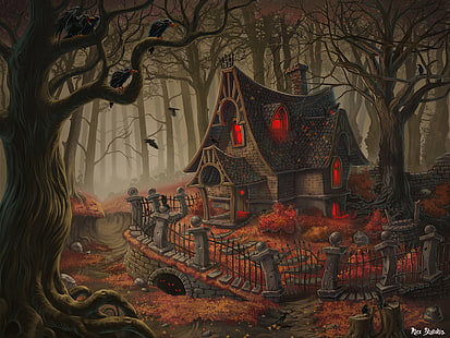 Feiertag, Halloween, Künstlerisch, Fantasie, Zaun, Wald, Spukhaus, Haus, HD-Hintergrundbild HD wallpaper