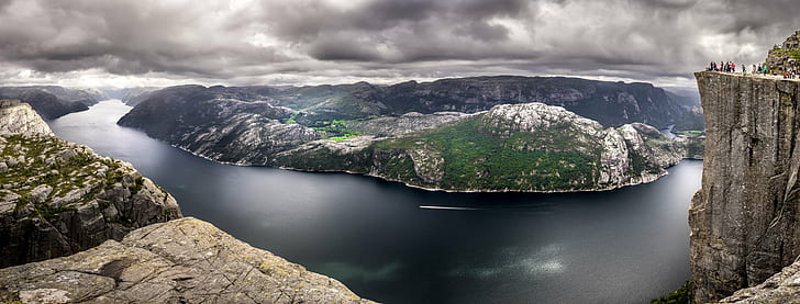 Aerial view of mountain on body of water during daytime, Lysefjord, Norway, Landscape, travel photography, Aerial view, mountain, body of water, daytime, a7, by the sea, sea  cliff, clouds, europe, fjord, full frame, geotagged, hiking, light, mountains, nature, outdoor, panorama, people, photo, photography, preikestolen, pulpit rock, sea, sky, sony a7, fe, travel, weather, Rogaland, scenics, outdoors, lake, HD wallpaper