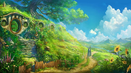 Bag End, Bilbo Baggins, krajobraz, niebo, Władca Pierścieni, Shire, Tapety HD HD wallpaper
