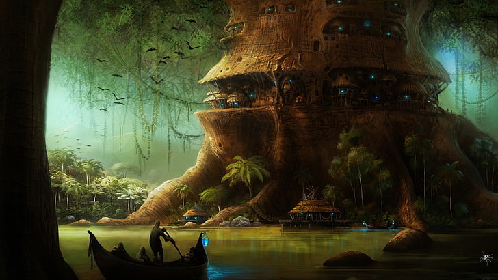 człowiek żaglowiec w pobliżu drzewa tapety 3D, fantasy art, sztuka cyfrowa, grafika, science fiction, drzewa, las, rośliny, ciemność, łódź, domki na drzewie, ptaki, rzeka, dom, światła, Tapety HD