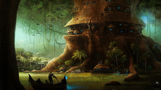 человек, парусная лодка возле дерева 3D обои, фэнтези, цифровое искусство, произведение искусства, научная фантастика, деревья, лес, растения, темнота, лодка, домики на деревьях, птицы, река, дом, огни, HD обои HD wallpaper