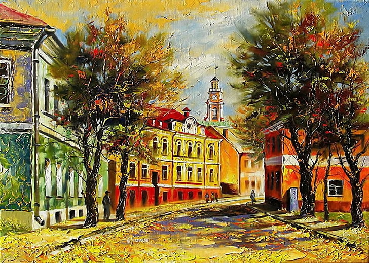 trees near buildings painting, autumn, the city, people, street, watch, Windows, building, home, picture, painting, figure, the bell tower, Khodukov, HD wallpaper