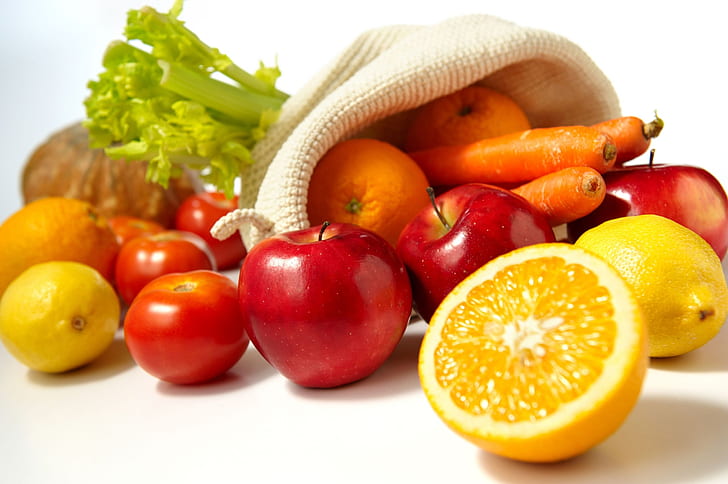 food, fruit, vegetables, apples, lemons, oranges, carrots, HD wallpaper