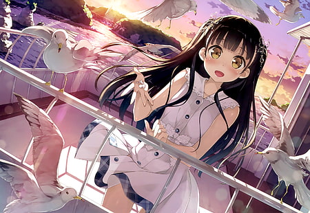 anime menina, navio, cabelos longos, artista kantoku, nagisa, cabelo preto, anime, HD papel de parede HD wallpaper