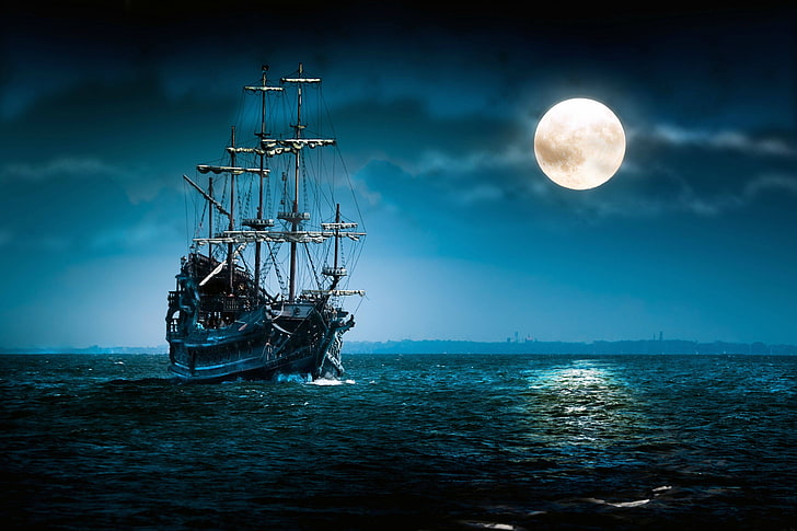 черен ветроход, пирати, кораб, Луна, море, HD тапет