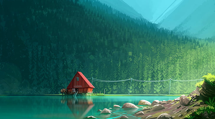 rotes Holzhaus in der Nähe von Gewässer, rotes Haus am Gewässer mit Bäumen Kunstwerk, Sägewerk, Landschaft, Minimalismus, Wald, See, Bäume, Berge umgeben, HD-Hintergrundbild