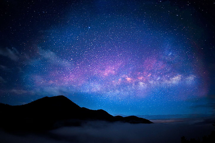 foggy, mountains, night sky, stars, HD wallpaper