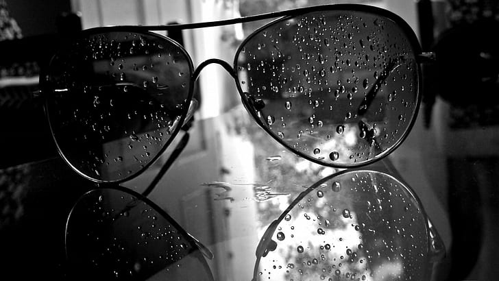 Glasögon Monokroma vattendroppar flygare svart vit för skrivbord, droppar, flygare, svart, skrivbord, glasögon, monokrom, vatten, vit, HD tapet
