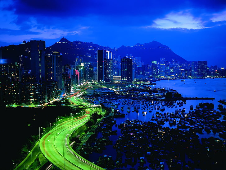 道路、長時間露光、ボート、ドック、都市景観、丘、夜、光の道、ライト、港、高層ビル、香港、 HDデスクトップの壁紙