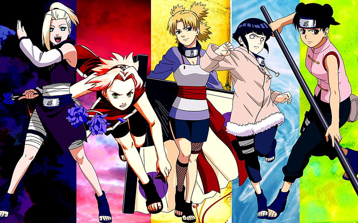 Sakura de la ilustración de Naruto, Naruto Shippuuden, Yamanaka Ino, Haruno Sakura, Temari, Hyuuga Hinata, Tenten, paneles, Fondo de pantalla HD
