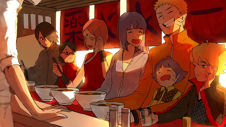 naruto, anime scene, anime art, restaurant, ramen, eat, family, HD wallpaper