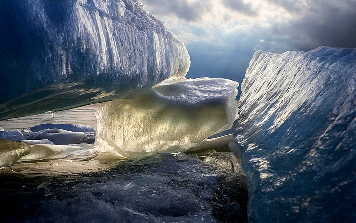 пейзаж природа лед море облака солнце лучи солнечный свет холод северный полюс, HD обои
