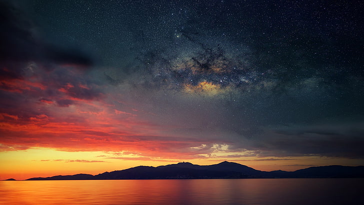black mountains, silhouette photo of mountains, Corsica, abstract, space, water, sea, sunset, HD wallpaper
