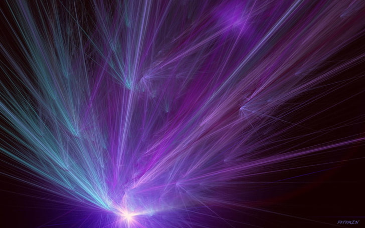 purple and teal lights, rays, abstract, background, smoke, feathers, HD wallpaper