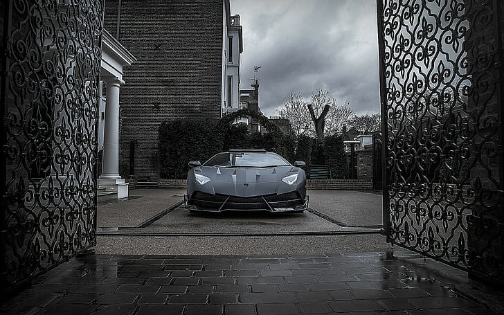 Mansory, Lamborghini Hintergründe, Aventador, schwarz, Tor, Vorderansicht, HD-Hintergrundbild