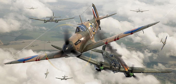 avion de guerre brun, chasse, art, avion, peinture, aviation, combat aérien, Supermarine Spitfire Mk.I, Fond d'écran HD