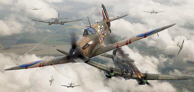 коричневый военный самолет, истребитель, война, искусство, самолет, живопись, авиация, ww2, воздушный бой, Supermarine Spitfire Mk.I, HD обои HD wallpaper