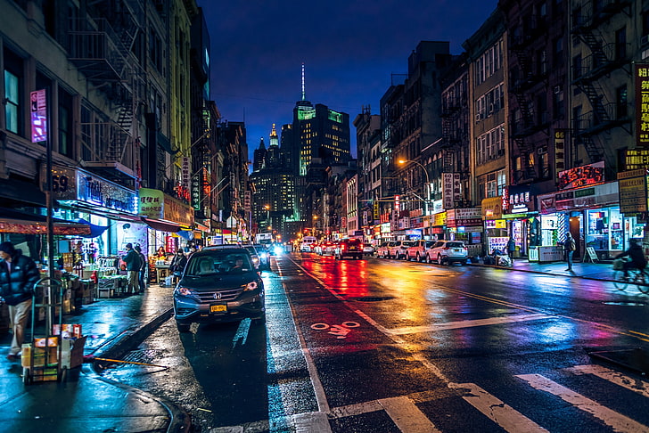 silver car, night, lights, movement, street, the building, New York, Manhattan, New-York, Chinatown, HD wallpaper