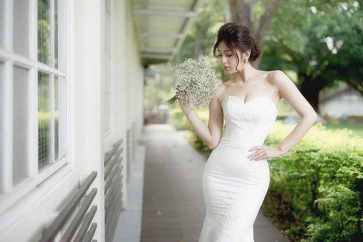 white dress, flowers, Asian, women, model, HD wallpaper