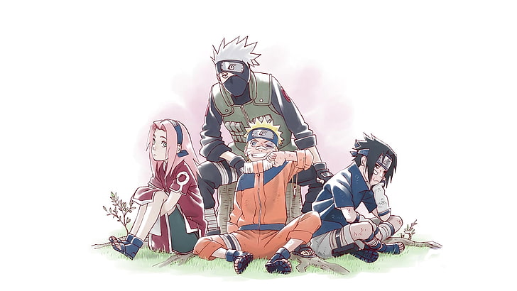 Naruto sitting beside four anime characters illustration, Anime, Naruto, Kakashi Hatake, Naruto Uzumaki, Sakura Haruno, Sasuke Uchiha, HD wallpaper