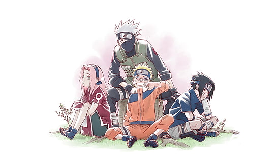 Naruto duduk di samping ilustrasi karakter empat anime, Anime, Naruto, Kakashi Hatake, Naruto Uzumaki, Sakura Haruno, Sasuke Uchiha, Wallpaper HD HD wallpaper