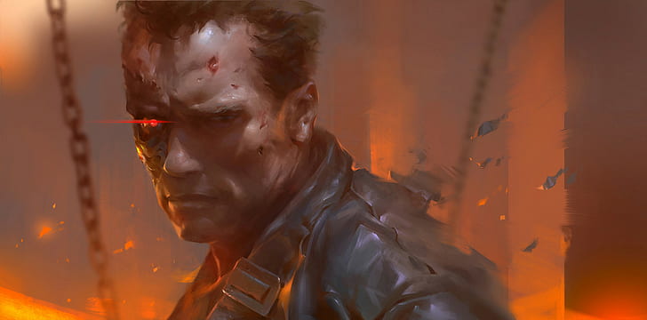 Arnold Schwarzenegger, fire, drawing, Terminator 2, chains, T-800, cyborg, HD wallpaper