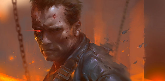 Terminator 2, T-800, cyborg, Arnold Schwarzenegger, kedjor, eld, ritning, HD tapet HD wallpaper