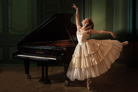 черен роял, танц, пиано, балерина, Евелина Годунова, HD тапет HD wallpaper