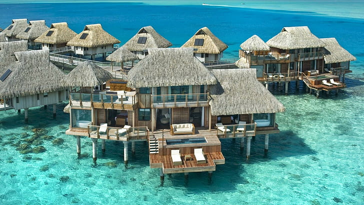 Hilton Bora Bora Hotel Water Bungalow, isola, hotel, atollo, hilton, tropicale, laguna, corallo, bungalow sull'acqua, scogliera, tahiti, sabbia, oceano, Sfondo HD