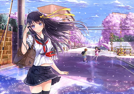 meninas anime, uniforme escolar, personagens originais, coxa alta, anime, HD papel de parede HD wallpaper