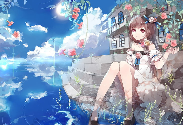 personagens originais, flores, chapéu, água, céu, nuvens, anime girls, anime, HD papel de parede